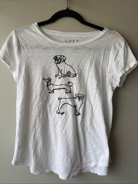 LOFT White Tee with Black Dog embroidered Line-Art Trio s cotton